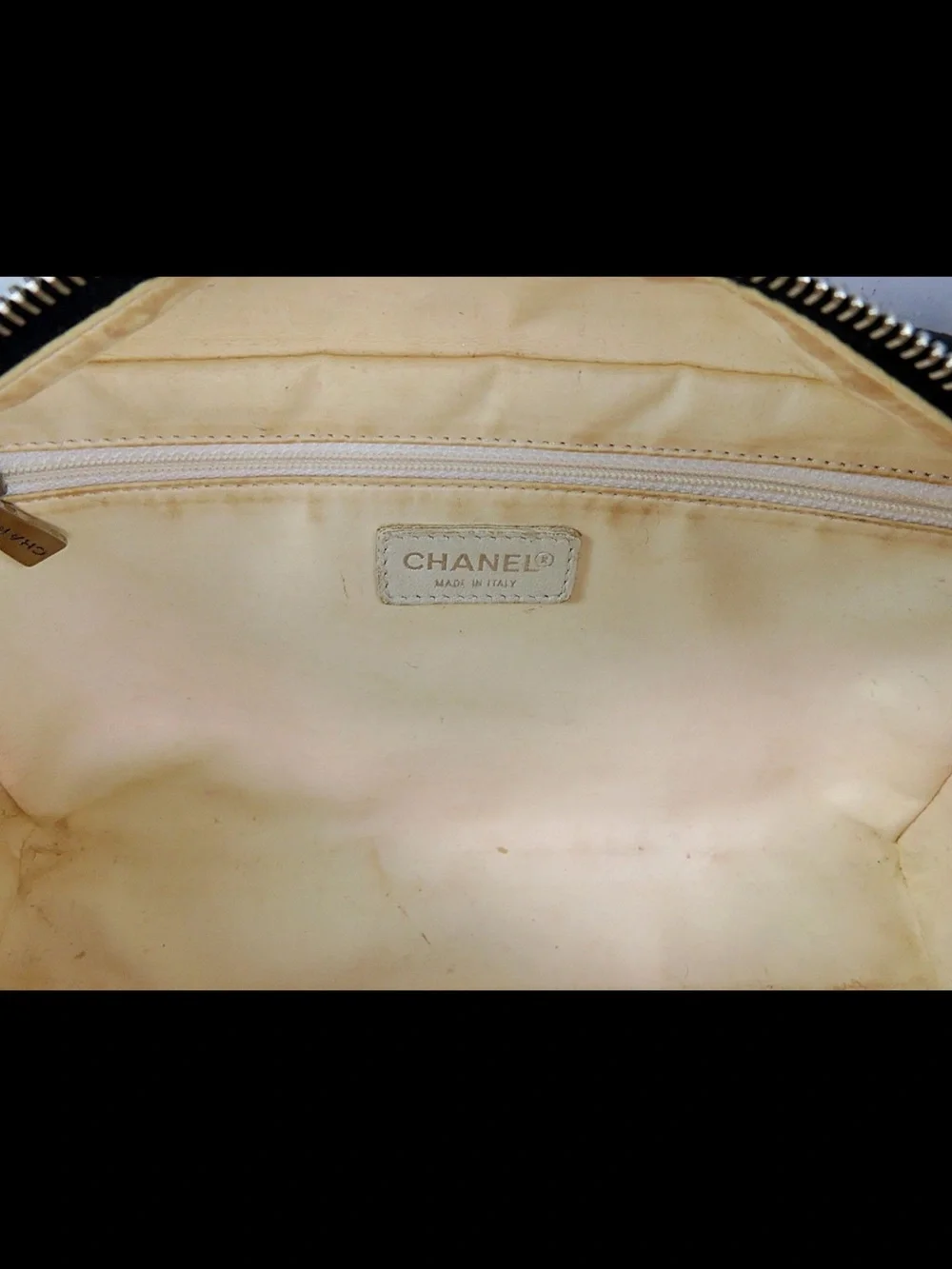 CHANEL Black Canvas Logo Print Cosmetic Pouch with Cream Lettering